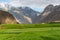 Rice paddy in summer season in Askole village, K2 base camp trekking route in Karakoram mountains range, Gilgit Baltistan,