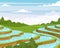 Rice plantation flat vector illustration. Vietnam countryside farmland fields. Asian rural meadow and hills cartoon