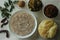 Rice porridge or Kanji along with spicy coconut red chilly chutney, stir fried boiled red cowpea beans and stir fried raw banana