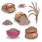 Rice sacks. Bowl with rice grains and ears. Japanese food, rice storage cartoon vector set