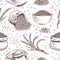 Rice seamless pattern. Hand drawn bowl with rice grains and paddy ears vector japanese texture