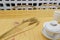 Rice straw on the desk of a buddhist bookstore in amoy city