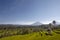 Rice terraces, farmland, fields and exuberant jungle vegetation in front of Mount Agung