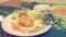 Rice vermicelli with fish curry sace and vegetable Thai food retro photo