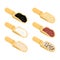 Rice in wooden scoop set. Parboiled and brown. Black and red. Ba