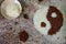 Rice yin and yang concept. Red and white rice top view