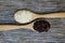 Riceberry and Jasmine rice in wooden spoon.