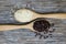 Riceberry and Jasmine rice in wooden spoon.