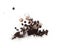 Rich aroma freshly roasted coffee beans fly in air as dance letter blocks toy beads \\\