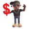 Rich black hiphop rapper holding US dollar currency symbol, 3d illustration