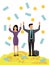 Rich business couple money rain vector illustration. Man and woman financial success. Happy successful businessmen money