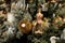 Rich Christmas fir tree covered with snow decorated with golden colored stylish toys