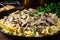 Rich and creamy beef stroganoff with tender strips of meat, mushrooms, and onions, served over a bed of egg noodles