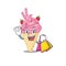 Rich and famous strawberry ice cream cartoon character holding shopping bags
