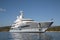 Rich - front view of five story luxury yacht on the Mediterranean Sea