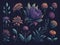 Rich hues of the flowers and the intricate details of the leaves on the dark blue canvas, creating a mesmerizing painting that