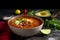 Rich keto taco soup with tomato broth, ground beef, aromatic spices, served with classic taco toppings. Close-up