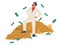 Rich man standing on cash money pile, flat vector illustration. Wealthy businessman, millionaire, happy lottery winner.