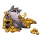 Rich raccoon loan shark lies on a pile of gold coins. Vector illustration.