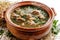 Rich Rustic Soup in Clay Pot, Hot Beef Broth, Meat Bouillon with Greenery Spices in Ceramic Cookware