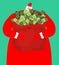 Rich santa and red bag with money. Claus sack of cash. Expensive
