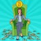 Rich Successful Business Woman Sitting on Throne with Bitcoin and Money Stacks. Crypto currency Market Concept