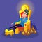 Rich Successful Businessman Sitting on Throne with Bitcoin and Money Stacks. Cryptocurrency Market Concept