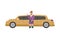 Rich successful fashion female character with mobile phone and luxury automobile