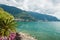 Rich summer vegetation on the shores of Lake Geneva Lac Leman in Montreux Riviera, Vaud, Switzerland