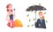 Rich and Wealthy Woman Character with Glass of Wine and Umbrella with Falling Banknote Vector Set