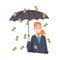 Rich and Wealthy Woman Character with Umbrella and Rain of Falling Dollar Banknotes at Half Length Vector Illustration