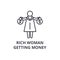 Rich woman getting money thin line icon, sign, symbol, illustation, linear concept, vector