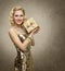 Rich Woman with Gift Box, Luxury Retro Girl, Shining Gold Dress