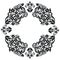 Richelieu embroidery stitches inspired lace pattern with floral elements: leaves, swirl, leaves in black and white in lace in oval