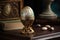 Richly decorated Faberge egg on a historical, rustic table.