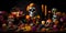 Richly decorated feast human skulls, candles, flowers. For the day of the dead and Halloween