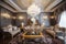 richly decorated living room with luxurious velvet sofas, carved wooden tables and crystal chandeliers