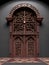 Richly decorated wooden old door, ancient brown dark door gate. Generative Ai