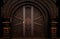 Richly decorated wooden old door, ancient brown dark door gate. Generative Ai