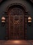 Richly decorated wooden old door, ancient brown dark door gate. Generative Ai