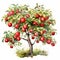 A richly detailed watercolor painting of a fruit-laden apple tree.