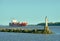 Richmond, British Columbia, Canada â€“ May 12, 2018. Fraser River Bulk Freighter Underway