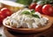 Ricotta cheese with tomatoes and basil on table.Macro.AI generative