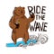 Ride the wave. Funny bear on a surfing with cocktail. Surf. California dreaming.