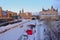 Rideau canal covered in snow, with NAC, parliament hill and Fairmont ChÃ¢teau Laurier castle