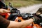 Rider on atv, view through the helmet, quadbike