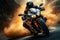 Rider blazes a trail on a high  speed motorcycle, channeling its formidable power