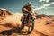 Rider on a cross-country enduro motorcycle go fast at the desert.