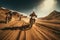 Rider on a cross-country enduro motorcycle go fast at the desert.