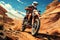 Rider on a cross-country enduro motorcycle go fast at the desert.